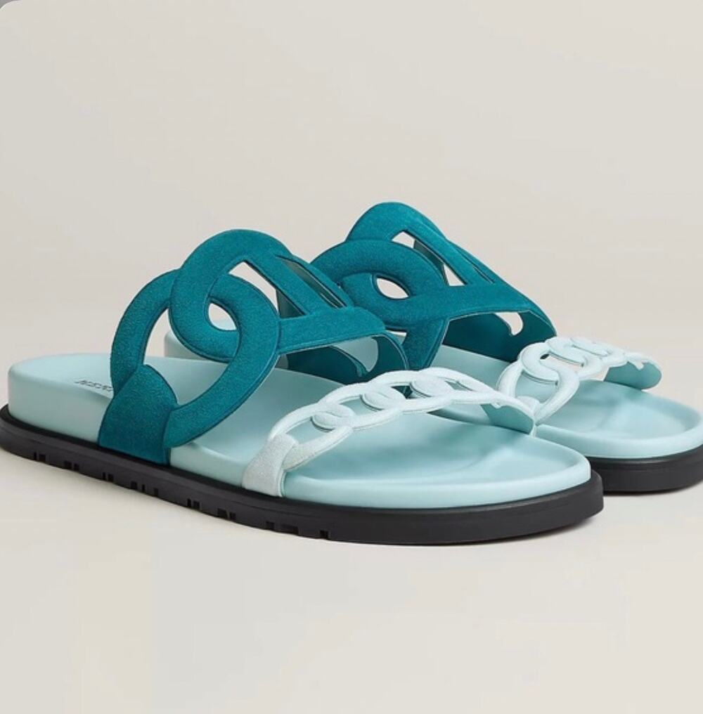 Hermès Chypre Sandals Blue Suede Chaîne d'Ancre Slides 38.5 Box Dust Bag